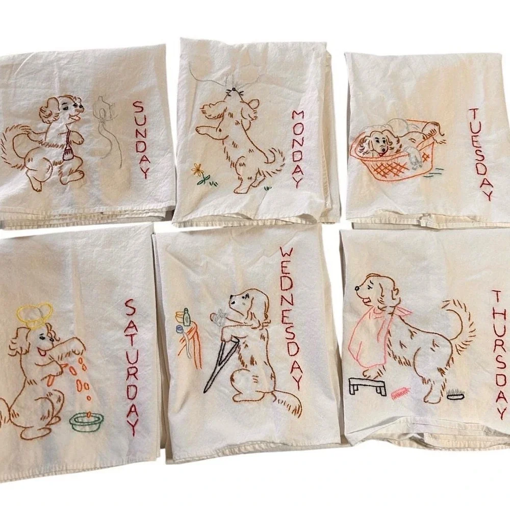 Unbranded Vintage Embroidered Dog Days of the Week Towels Set of 6 White‎